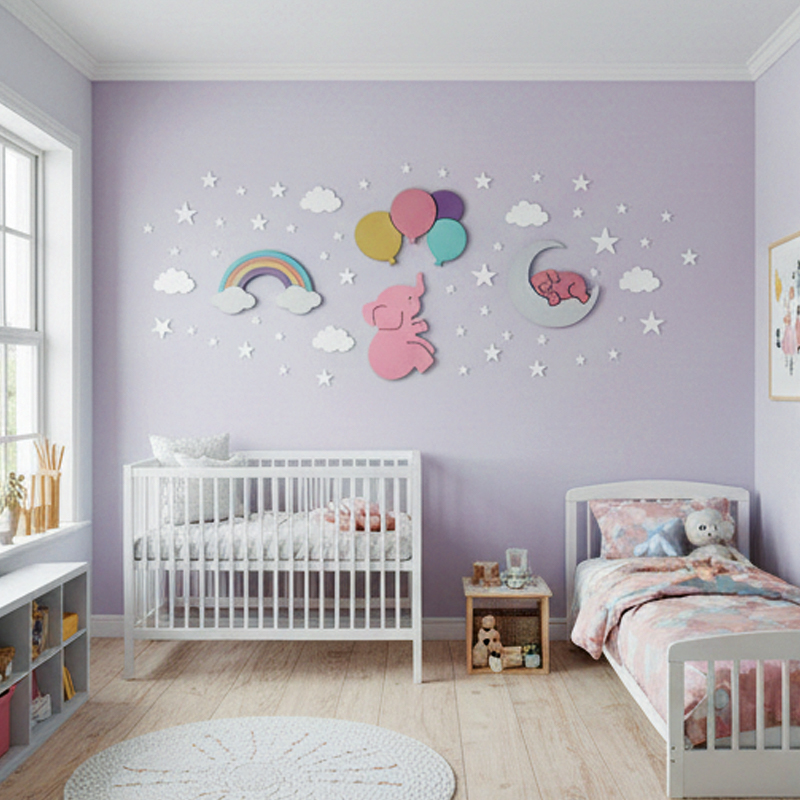ديكور عصري لغرفة البنات– قوس قزح ونجوم وفيلة لطيفة