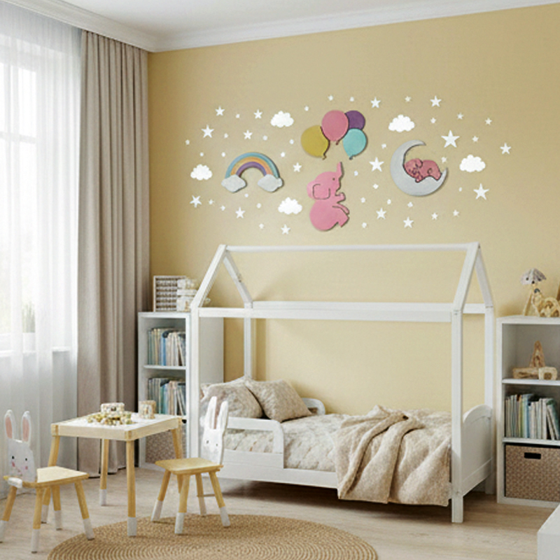 ديكور عصري لغرفة البنات– قوس قزح ونجوم وفيلة لطيفة