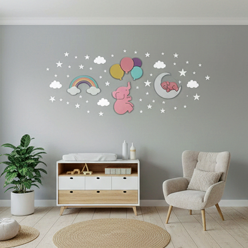 ديكور عصري لغرفة البنات– قوس قزح ونجوم وفيلة لطيفة