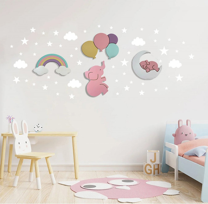 ديكور عصري لغرفة البنات– قوس قزح ونجوم وفيلة لطيفة