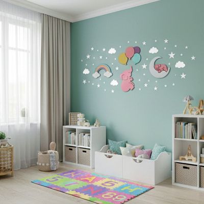 ديكور عصري لغرفة البنات– قوس قزح ونجوم وفيلة لطيفة