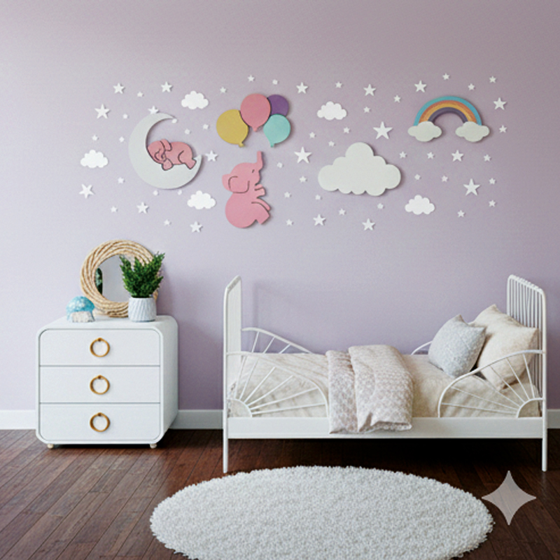 🐘🌈 ديكور الحائط - فيلة حالمة وقوس قزح لغرفة البنات