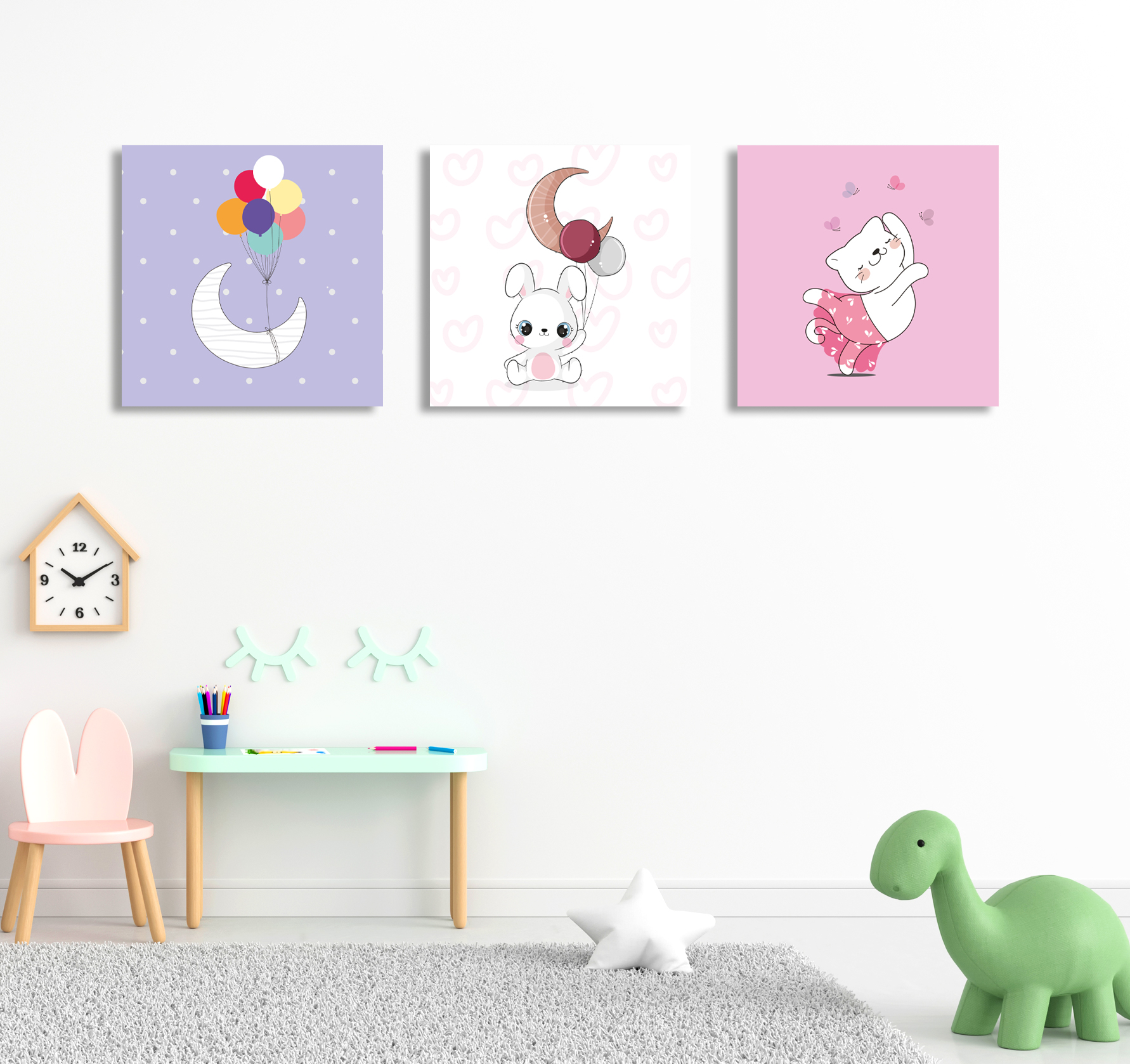 ثلاث لوحات للبنات مجموعة القطة والأرنب - رحلة الأحلام السحرية