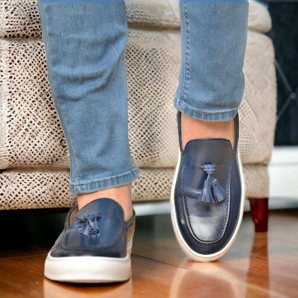 Mocassins de Luxe en Vrai Cuir Bleu Marine pour homme