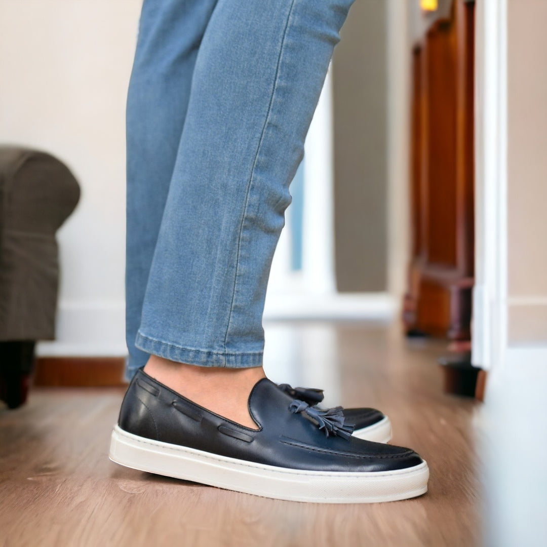 Mocassins de Luxe en Vrai Cuir Bleu Marine pour homme