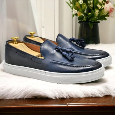 Mocassins de Luxe en Vrai Cuir Bleu Marine pour homme