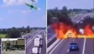 بالفيديو.. سقوط طائرة صغيرة يحوّل طريقاً سريعاً إلى كتلة نار ويخلّف قتلى وجرحى