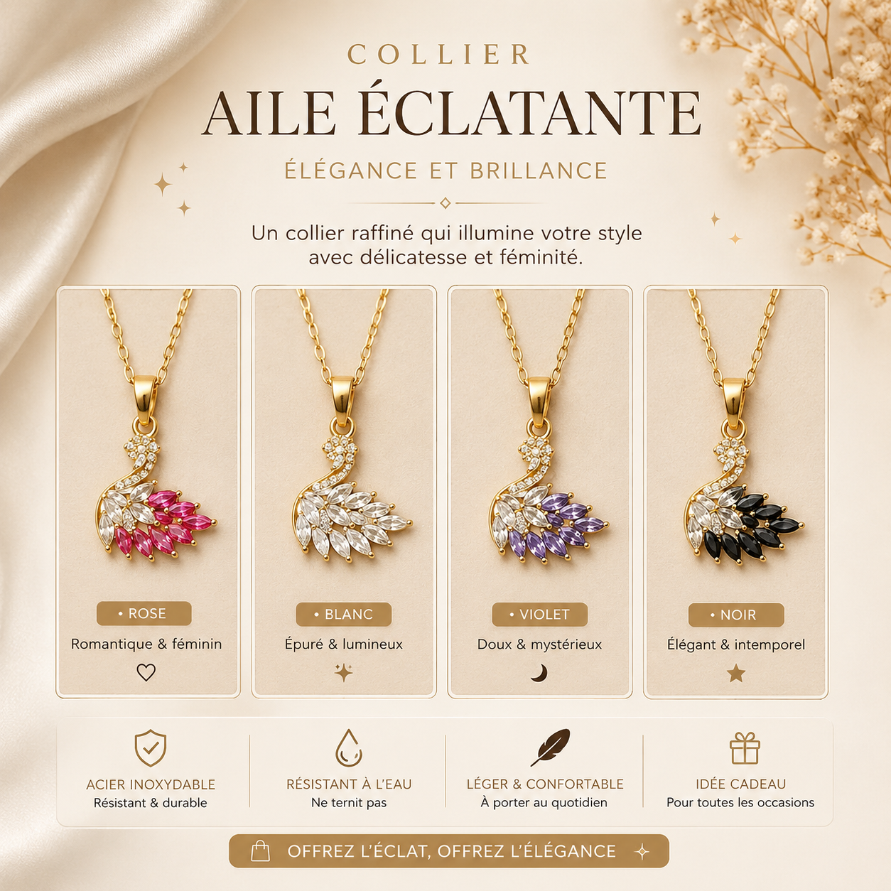 🦢 Collier Aile Éclatante – Élégance en Plusieurs Couleurs ✨