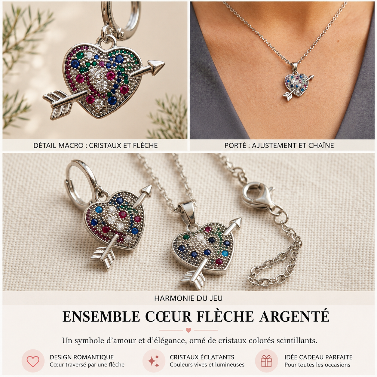 Ensemble Cœur Flèche Argenté – Romance Étincelante 💘