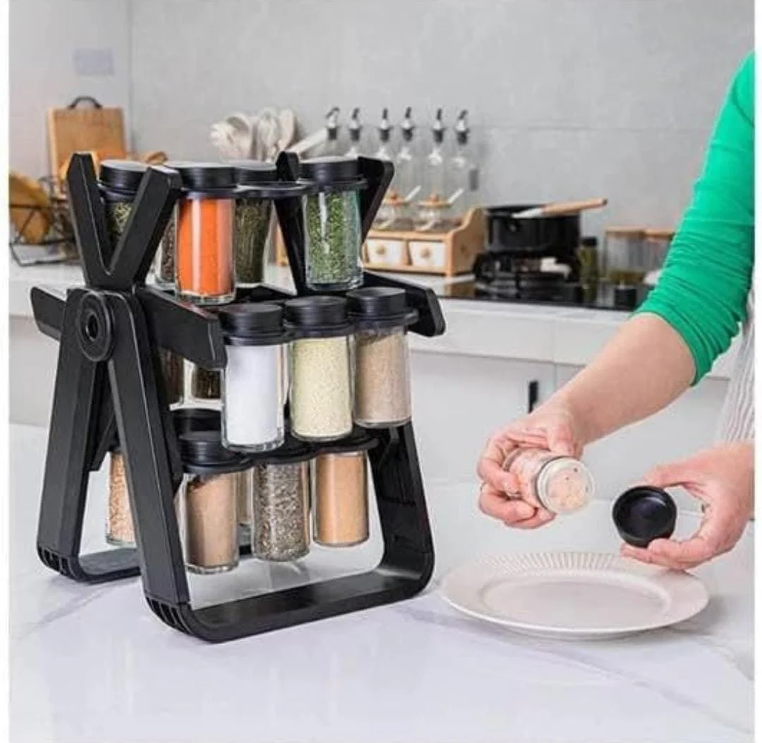 حامل توابل 18 قارورة زجاجية للمطبخ - دوران كامل وتوفير مساحة