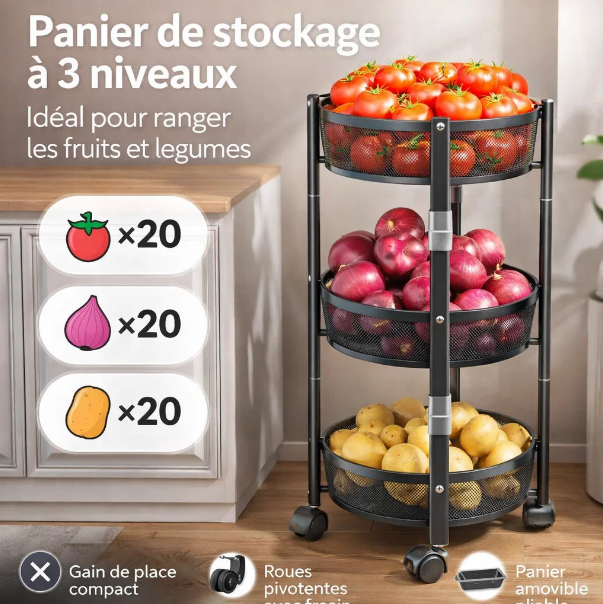 سلة فواكه وخضروات معدنية 3 طبقات بعجلات | الحل الأمثل لترتيب مساحة مطبخك