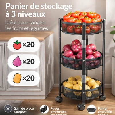 سلة فواكه وخضروات معدنية 3 طبقات بعجلات | الحل الأمثل لترتيب مساحة مطبخك